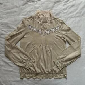 Axes Femme Cream lace trim high neck blouse with pleats and romantic detailing